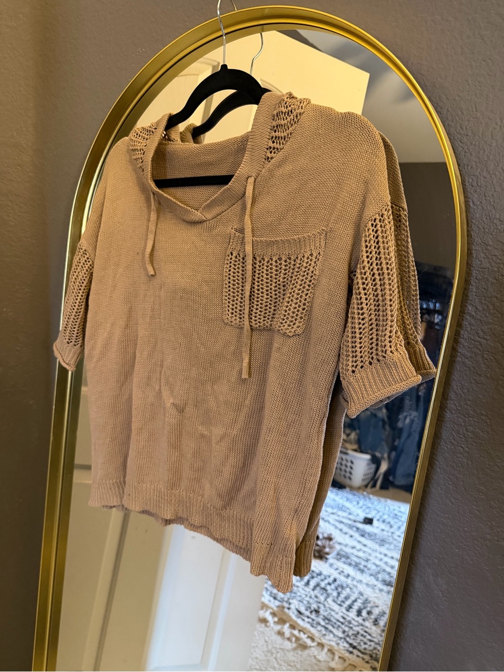 SHEIN Beige Knit Crochet Hooded Short Sleeve Sweater